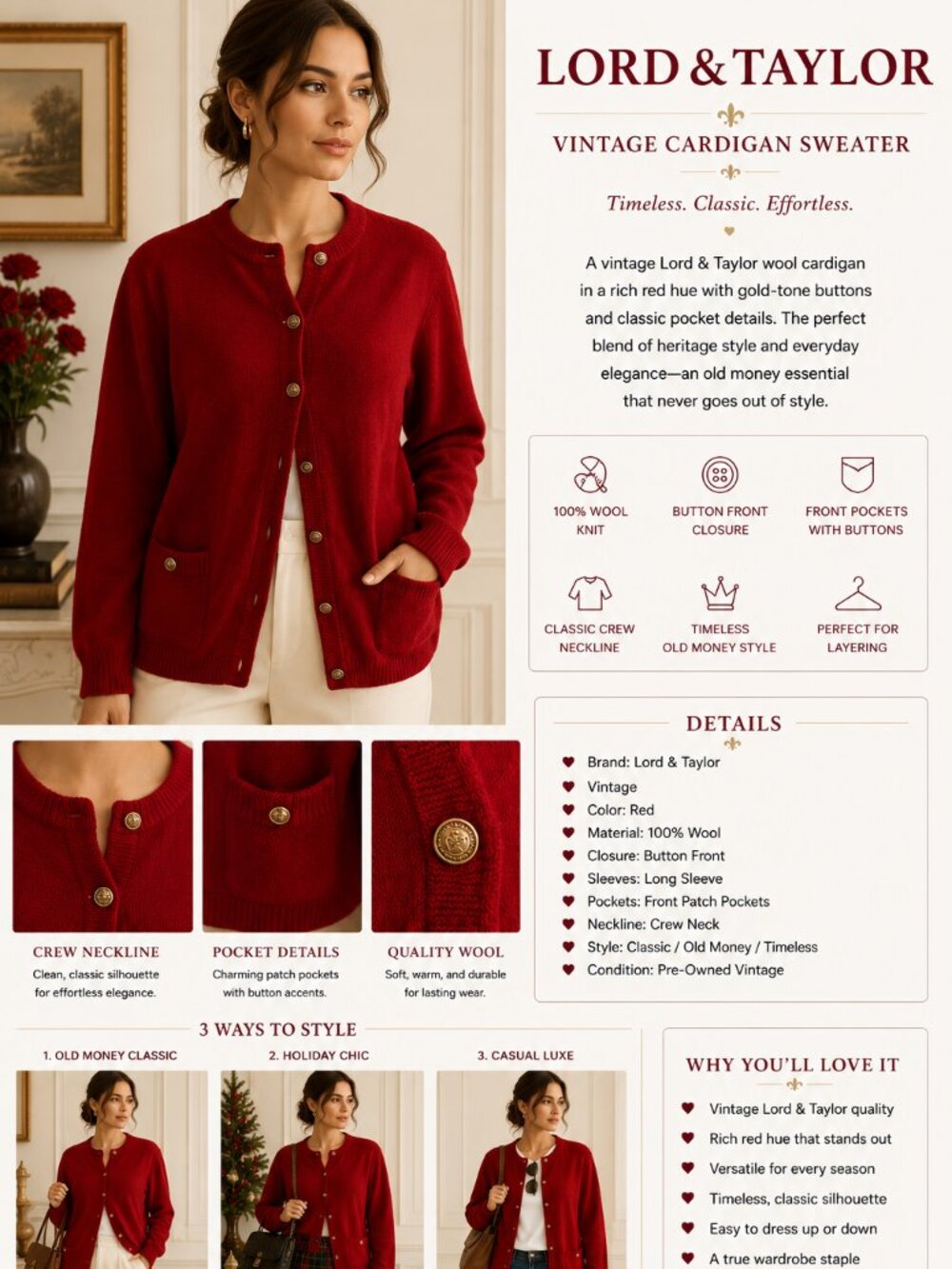 Lord & Taylor Cardigan Womens M Red Wool Gold Button Preppy Sweater Vintage - Picture 2 of 11